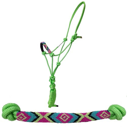 Tahoe Tack Copper Tip® Series Braided Rope Horse Halter with Navajo Beaded Noseband, Cowboy Knots, 10 Ft Lead - color: Lime Green/Turquoise