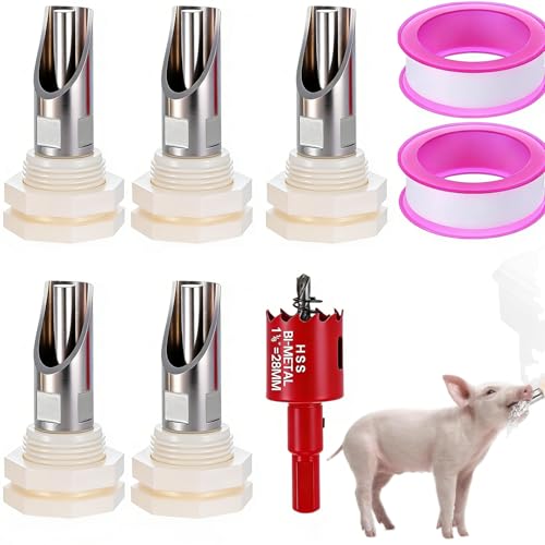 5-Pack Pig Water Nipple，Pig Nipple Waterer for Barrel Kit，Automatic Pig Nipple Drinkers Kit，Piglets Nipple Feeders for Hog Goat Sows Piglets