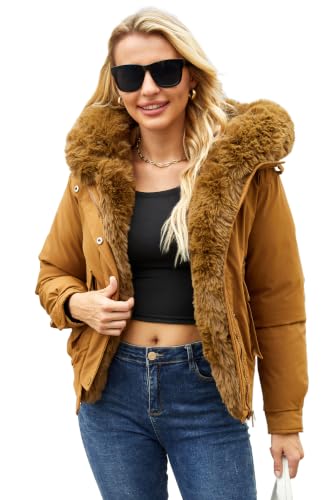 Winter Coats for Women Thickened Puffer Jacket with Detachable Fur Hood Winter Warm Parka Puffer Coat - color: Coffee, size: Medium