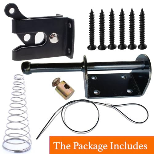 Door Latch - Self-Locking Gate Latch for Outdoor Fence, Black Steel Automatic Gravity Lever Lock with Fasteners, Gate Latch for Wooden Fence, Versatile Gate Latches with Spring &Cable Pull String