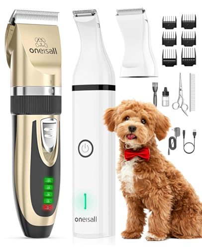 oneisall Dog Clippers and Paw Trimmer Kit for Small Large Dogs Cats | Low Noise, Powerful Motor, Cordless & Long Battery Life, Simple for Beginners, 6 Guide Combs, Removable & Rinsable Blade - color: Gold