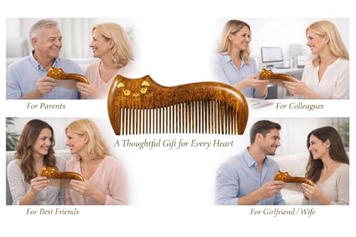 Cute Cat Natural Sandalwood Hair Comb, Gilded Wooden Hair Comb