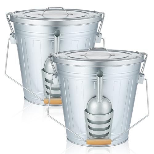 Yungyan 2 Pcs 4.5 Gallon Bird Seed Containers Storage Galvanized Steel Metal Food and Seed Locking Bucket Bin with Scoop, Rustic Farmhouse Feed Containers, Disassembled Outer Frame