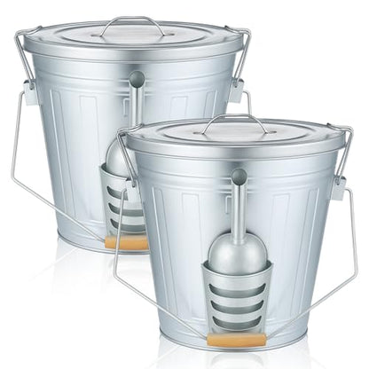 Yungyan 2 Pcs 4.5 Gallon Bird Seed Containers Storage Galvanized Steel Metal Food and Seed Locking Bucket Bin with Scoop, Rustic Farmhouse Feed Containers, Disassembled Outer Frame