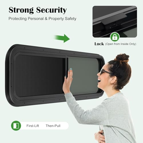 RV Window 42" W x 12" H Sliding Glass with Black Screen, High Privacy, Horizontal/Vertical Fit, Replacement for Camper Trailer Van - size: 42"W * 12"H