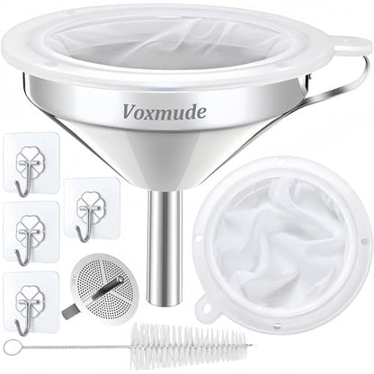 Kitchen Funnel with Strainer and 200 Fine Mesh Filter, 5 Inch Food Grade 18/8 Stainless Steel Fryer Oil Filter Funnel, Funnels for Kitchen use Filling Bottles, Cooking Oil Filter Strainer