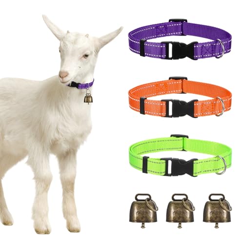 M METERXITY 3-Pack Reflective Goat Collars with Bells, 13.8"-20.5" Polyester Adjustable Pet Collar with Anti-Lost Grazing Copper Bell for Small Farm Animal/Sheep/Cow [Purple, Orange, Green] - color: Purple, Orange, Green