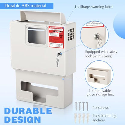 1 Set Wall Mount Locking Cabinet with Glove Box for 5 Qt Sharps Container | Locking Cabinet for Secure Sharps Disposal, Includes Wall Mount Screws, Fits 5 Quart Container, Glove Dispenser Below