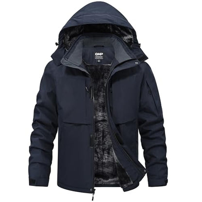 QMP Winter Jackets For Men with Hoode Ski Snow Snowboarding Waterproof Fleece Liner Coats Windproof Raincoat 6 Pockets - color: Navy, size: 3X-Large