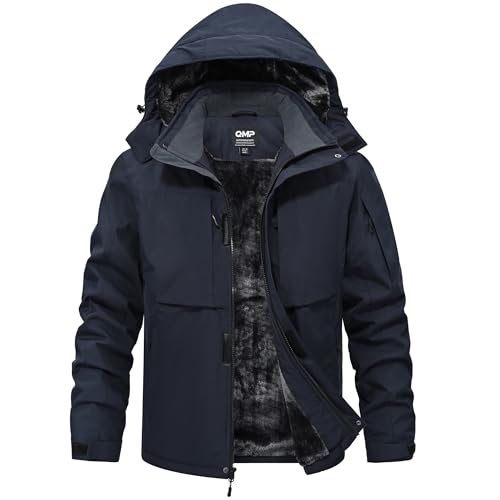 QMP Winter Jackets For Men with Hoode Ski Snow Snowboarding Waterproof Fleece Liner Coats Windproof Raincoat 6 Pockets - color: Navy, size: Medium