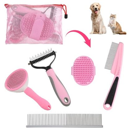 6PCS Dog Grooming Kit, Pet Grooming Kit, Deshedding Brush for Short Hair, Slicker Brush, Flea Comb, Puppy Brush Set in Pink for Dogs, Cats