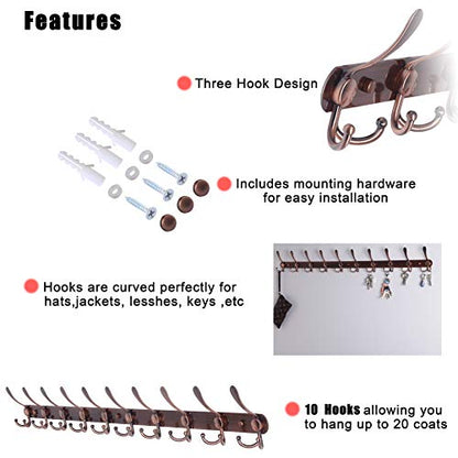 Dseap Coat Rack Wall Mount - 38” Long 10-Tri-Hooks Heavy Duty Coat Hanger Rail Wall Hooks for Hanging Coats Hats Clothing Clothes Purse Mudroom Entryway, Antique Copper, Pack of 2 - color: Antique Copper, size: L=38” (2 Pcs)
