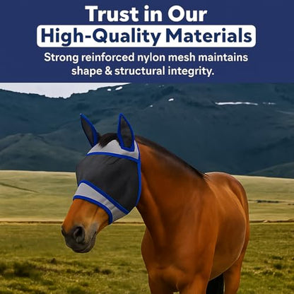 Horse Fly Mask with Ears – Breathable Mesh Fly Masks for Horses,Blue Trim, All-Day Protection(Blue,L) - size: L