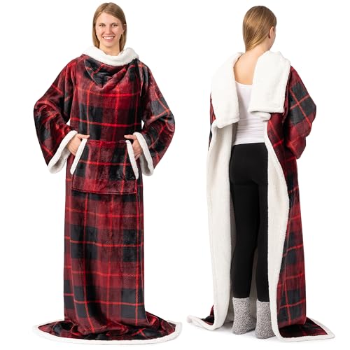 PAVILIA Sherpa Wearable Blanket with Sleeves and Pocket, Plush Thick Cozy Body Blanket Wrap for Adult Women Men, Christmas Gift for Wife Mom, Plaid Red - color: Plaid Red