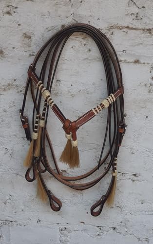Leather Bridle Western Tack Full Grain Leather Adjustable Bridle for Horse Horse Knotted Browband Headstall with Reins 78Rawhide - Brown