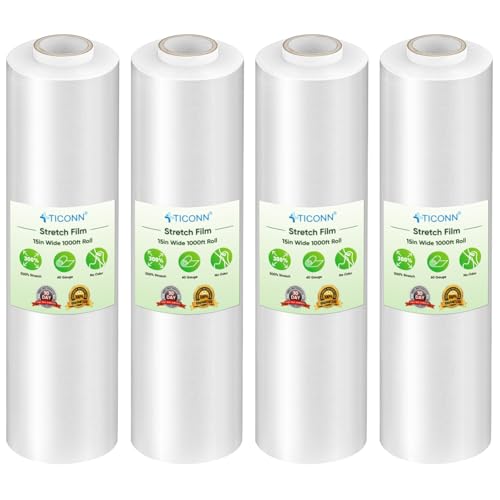 TICONN Stretch Wrap Roll, 15 in x 1000 ft Plastic Wrap for Moving Furniture | Odorless Industrial Strength Stretch Film, 300% Stretchability, Self-Adhering, Ideal for Furniture, Box Protection - style: 15''-4PK Clear (No handle)