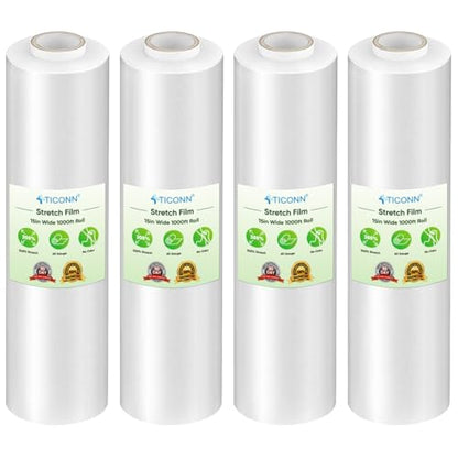 TICONN Stretch Wrap Roll, 15 in x 1000 ft Plastic Wrap for Moving Furniture | Odorless Industrial Strength Stretch Film, 300% Stretchability, Self-Adhering, Ideal for Furniture, Box Protection - style: 15''-4PK Clear (No handle)