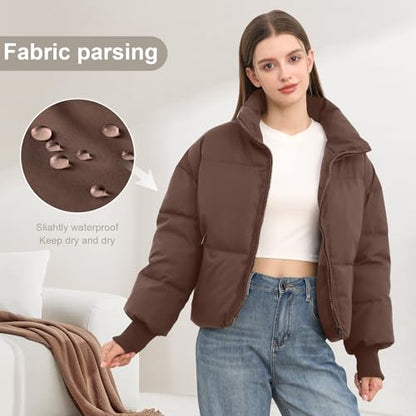 SXGYH Women’s Winter Cropped Puffer Jacket Coat Casual Quilted Baggy Long Sleeve Zip Down Jackets Outerwear - color: Coffee, size: XX-Large
