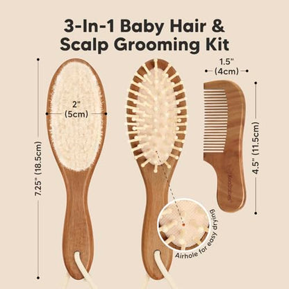 Keababies Baby Hair Brush and Comb Set and 3-Pack Baby Swaddle Sleep Sacks - Wooden Brush with Soft Goat Bristle - Newborn Swaddle Sack, Cradle Cap Brush
