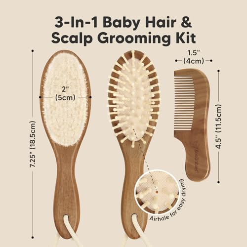 Keababies Wooden Baby Hair Brush Set for Newborns, Toddlers - Soft Goat Bristle Baby Brush and Comb Set Newborn Grooming Kit for Cradle Cap Care,Durable & Gentle,Boy,Girl Infant Essentials