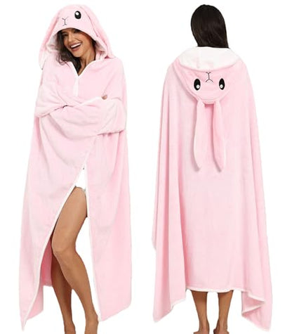 Wearable Blanket Hoodie Animal Fuzzy Blanket Warm Cozy Blanket Hoodie - color: Pink Bunny
