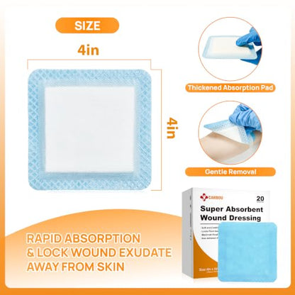Carbou 4" x 4" Super Absorbent Wound Dressing, 20 Pack, Non-Adhesive Pads - size: 4"x 4"(Pack of 20)