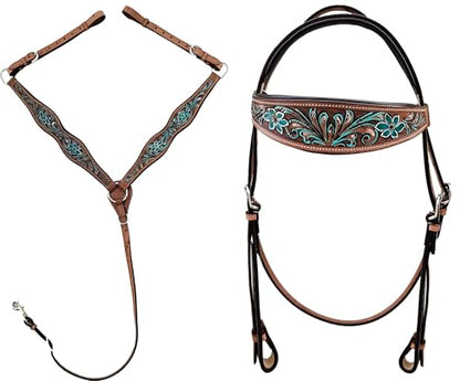 Majestic Ally Tooled Leather Western Headstall & Breast Collar Set – Handcrafted Leather, Classic Western Tack, Multiple Styles & Designs - style: 1008-TRQ