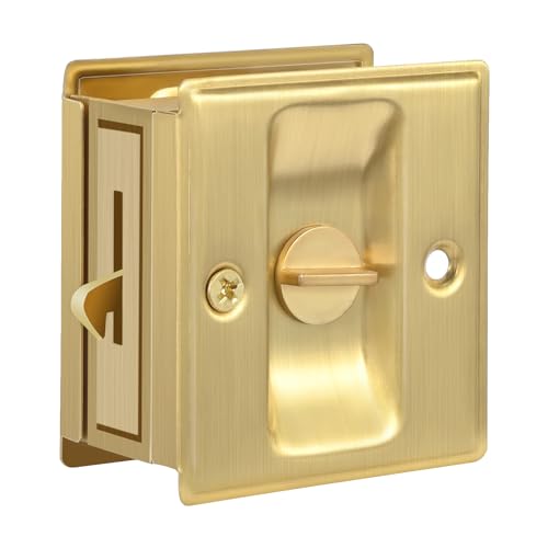 HOMOTEK 1 Pack Privacy Sliding Door Lock with Pull - Replace Old Or Damaged Pocket Door Locks Hardware Quickly and Easily, 2-3/4”x2-1/2”, for 1-3/8” Thickness Door,Brushed Brass - color: Brushed Brass, size: 1 Pack