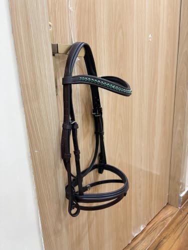 Horse Jumping Leather Bridle with Web Reins | Premium Genuine Leather English Bridle | Padded Browband & Noseband | Stainless Steel Buckles | Dark Brown Size Full - color: Havana Brown - Green Crystal