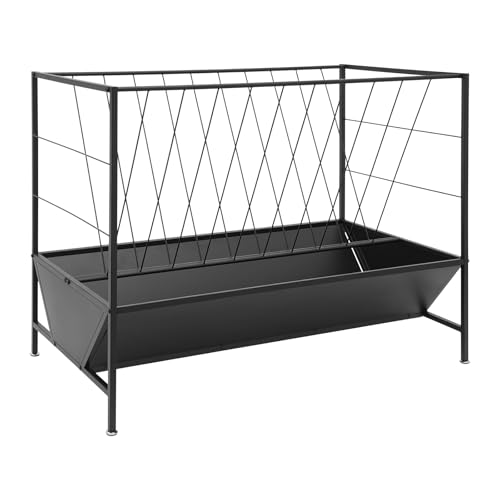 Pasture Hay Feeder - 50 Gallons, 2-in-1 Heavy Duty Hay Grain Livestock Feeder with 30 Gallon Feed Pan, Black Hay Grain Feeding Goats, Calves, Cow, Horse
