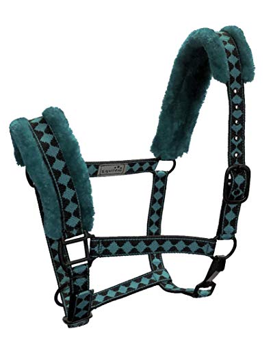 Cob Horse Sized Jacquard Diamond Nylon Halter with Fleece Padded Nose and Crown and Black Trim and Black Coated Hardware - color: Green