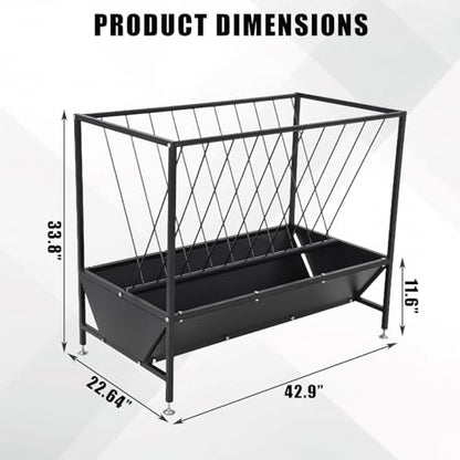 PeakPursuit Heavy Duty 50 Gallon Hay Feeder with 30 Gal Grain Pan，2-in-1 Steel Livestock Feeder for Horses, Cows, Sheep - Corrosion Resistant Powder Coated Black