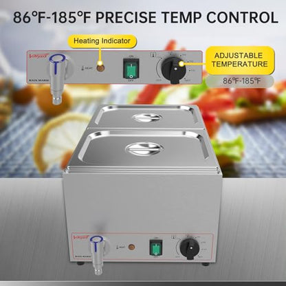 Valgus Commercial Bain Marie, 19 Qt Stainless Steel Food Warmer for Buffet - size: 2 Sections with Tap