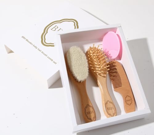 BRH 4 Piece Wooden Baby Hair Brush and Comb Set, Wooden Baby Care Kit with Soft Goat Bristle Brush,Baby Massage Brush, Baby Essentials Girl –Baby Hair Care Set for Newborn boy & Girls