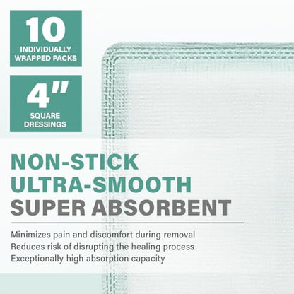 EVERLIT CARE EquiFlow Super Absorbent Dressing for Heavily Exuding Wound | Fast-Absorbing Non-Adhesive Polymer Dressing with Nonstick Gauze Pad | High Absorption & Retention | Pack of 10 (4" x 4") - size: 4" x 4"