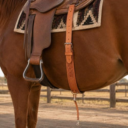 CHALLENGER Horse Western Leather Basketweave Tooled Floral Rear Flank Saddle Cinch Off Billets 9759A