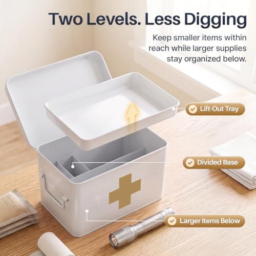 Flexzion Large Metal First Aid Box Empty, 8.5-Inch, White with Gold Cross - color: White - Gold Cross, size: 8.5 Inch without Latch Lock