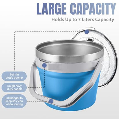 COKTIK 7L Vacuum Insulated Ice Bucket with Lid and Scoop& Tongs，Large capacity Stainless Steel Beverage Bucket for Cocktail, Champagne, Wine, Beer，Large Parties（Blue Suit） - color: Blue Suit