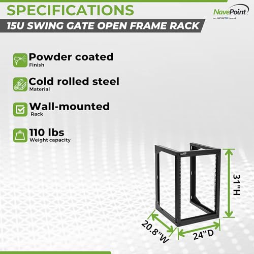 NavePoint 15U Server Rack with Swing Gate - Wall Mount Rack for 19 Inch IT Equipment Open Frame Rack – Network Rack Wall Mount for AV & Server Equipment 24” Deep 19" Rack, Black - size: 15U - 24in Deep