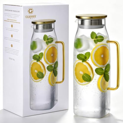 GLASKEY 74oz Square Glass Pitcher with Lid and Handle for Fridge,Borosilicate Glass Carafe for Hot or Cold Drink, Large Jug for Iced Tea,Coffee,Juice,Homemade Beverage (Gold) - size: 74 Ounces