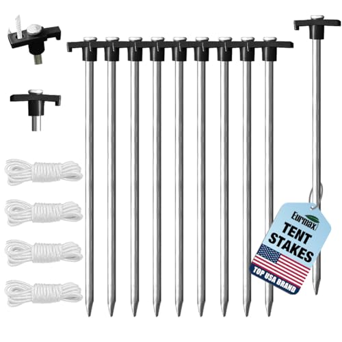 Eurmax USA 10-Pack Secure Protection Galvanized Tent Stakes,Rust-Proof Steel Canopy Anchors for High Winds,Heavy Duty Commercial Ground Pegs for Camping,Pop Up Tents&Gazebos - Includes 4x10ft Ropes - color: Black, style: Stakes 10-pack