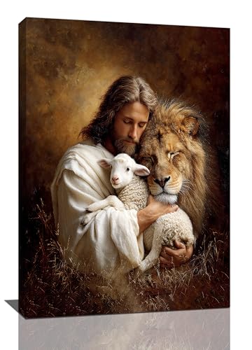 Jesus Lion Lamb Wall Art Christian Jesus Wall Decor Lion of Judah Pictures Religious God Canvas Painting Print Christ Artwork Decoration for Living Room Bedroom Church Framed Gifts 16”X24” - color: Jesus Lion and Lamb, size: 24"L x 16"W