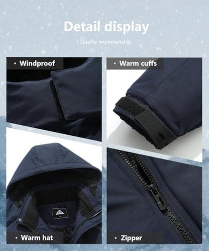 Men's Mountain Ski Jacket Winter Snow Coats Waterproof Warm Fleece Lining Jacket Parka with Hooded - color: Dark Blue, size: Large