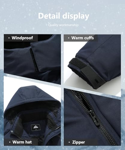Men's Mountain Ski Jacket Winter Snow Coats Waterproof Warm Fleece Lining Jacket Parka with Hooded - color: Dark Blue, size: Medium