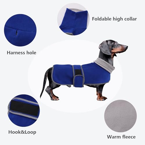 Dachshund Coats Sausage Dog Fleece Coat in Winter Miniature Dachshund Clothes with Hook and Loop Closure and high vis Reflective Trim Safety - Blue - M - color: Blue, size: Medium(Back: 17"-18"in)