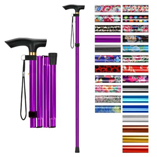 supregear Folding Cane, 5-Level Adjustable Height Walking Stick Lightweight Collapsible Portable Travel Cane with Wrist Strap and T Handle for Elderly Disabled Men Women - color: Purple