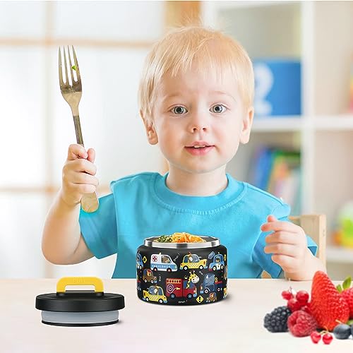 PIQUEBAR 8oz Kids Thermo for Hot Food,Small Lunch Thermo Food Container Stainless Steel,Easy Open Wide Mouth Thermo for Hot Cold Food for Preschool Travel - color: Black Animal Truck