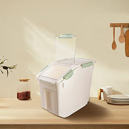 Airtight Flour Storage Container 25 lb Rice Storage Container with Wheels Seal Locking Lid, Food Containers with Measuring Cup& Scoop for Flour, Rice, Grain(Cyan) - color: Cyan 1 Count