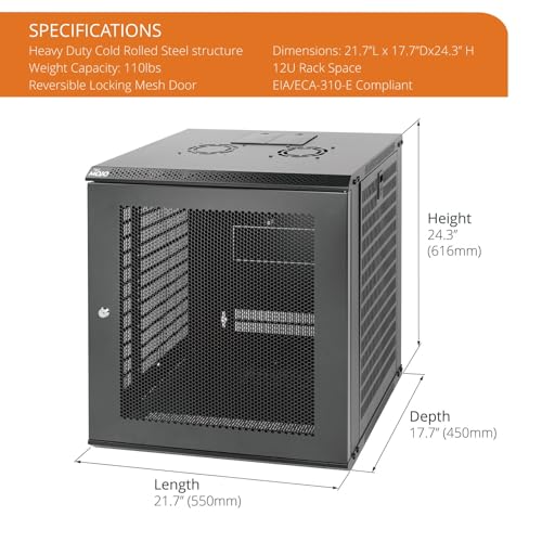 Tecmojo 12U Wall Mount Rack Network Cabinet for 19” IT Equipment,with Lockable Mesh Door and Removable Side Panels,Cooling Fan,Black,17.7inch Deep - size: 12U/Mesh Door/Black