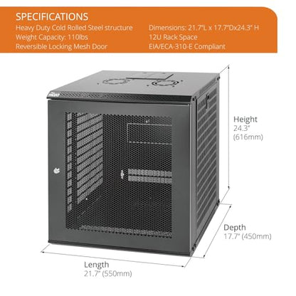 Tecmojo 12U Wall Mount Rack Network Cabinet for 19” IT Equipment,with Lockable Mesh Door and Removable Side Panels,Cooling Fan,Black,17.7inch Deep - size: 12U/Mesh Door/Black